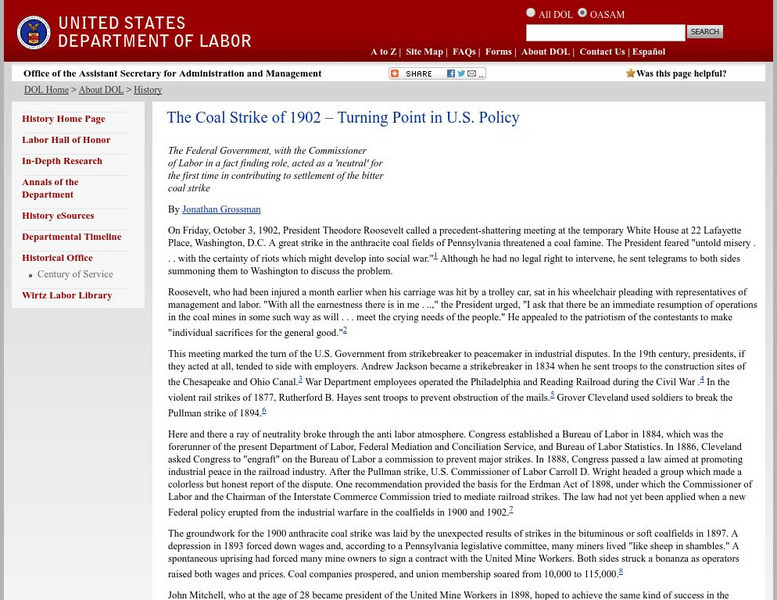 U.s. Department of Labor: The Coal Strike of 1902: Turning Point in u.s. Policy Article U.s. Department of Labor: The Coal Strike of 1902: Turning Point in u.s. Policy Article