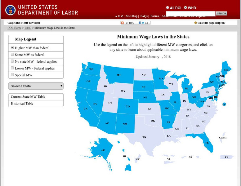 U.s. Department of Labor: Minimum Wage Laws in the States Graphic
