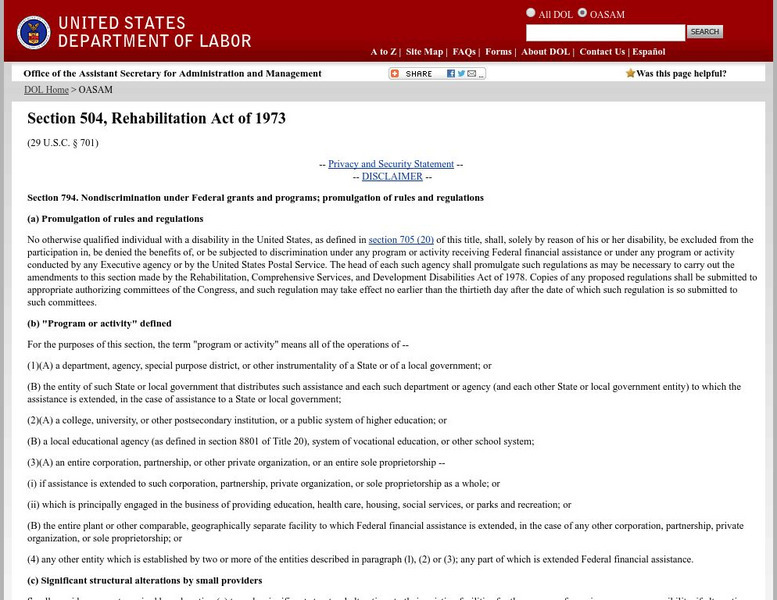 U.s. Department of Labor: Section 504, Rehabilitation Act of 1973 Primary U.s. Department of Labor: Section 504, Rehabilitation Act of 1973 Primary