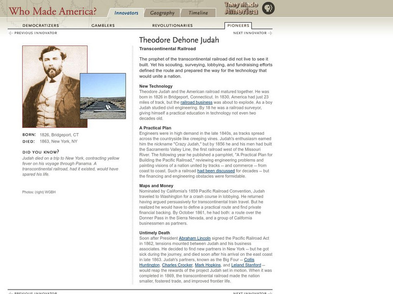 Pbs: Who Made America? Theodore Dehone Judah Handout Pbs: Who Made America? Theodore Dehone Judah Handout