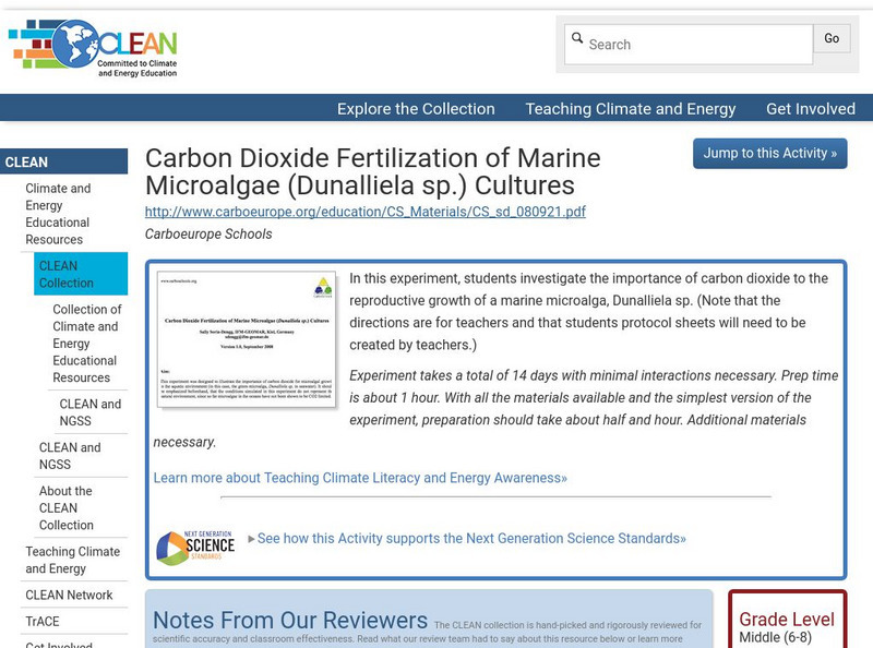 Clean: Carbon Dioxide Fertilization of Marine Microalgae Cultures Lesson Plan Clean: Carbon Dioxide Fertilization of Marine Microalgae Cultures Lesson Plan