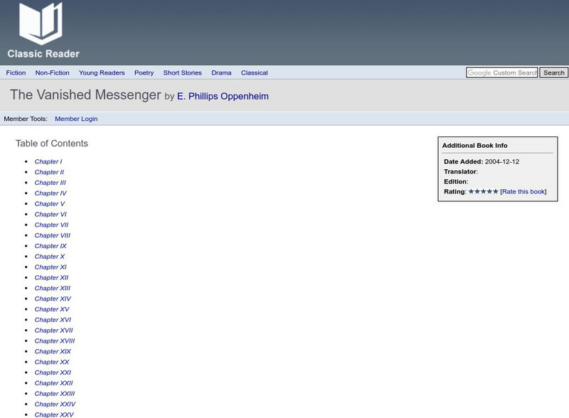 Classic Reader: The Vanished Messenger by E. Phillips Oppenheim eBook Classic Reader: The Vanished Messenger by E. Phillips Oppenheim eBook