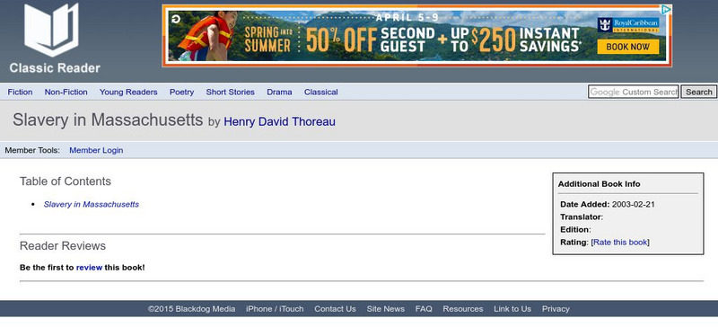 Classic Reader: Slavery in Massachutes by Henry David Thoreau eBook