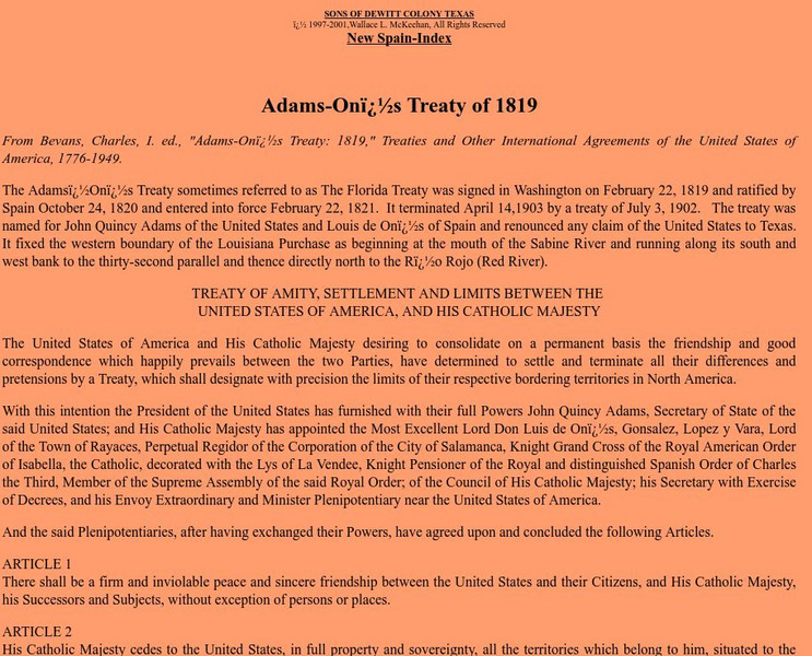 New Spain Index: Adams Onis Treaty of 1819 Primary New Spain Index: Adams Onis Treaty of 1819 Primary