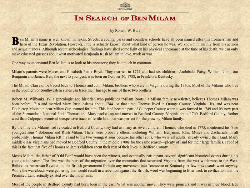 Texas a & M: In Search of Ben Milam Handout Texas a & M: In Search of Ben Milam Handout