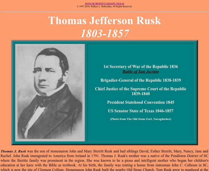 Sons of Dewitt Colony: Thomas Jefferson Rusk Handout Sons of Dewitt Colony: Thomas Jefferson Rusk Handout