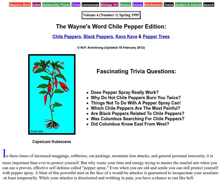 Wayne's Word: Chile Peppers and Other Pepper Trivia Handout Wayne's Word: Chile Peppers and Other Pepper Trivia Handout