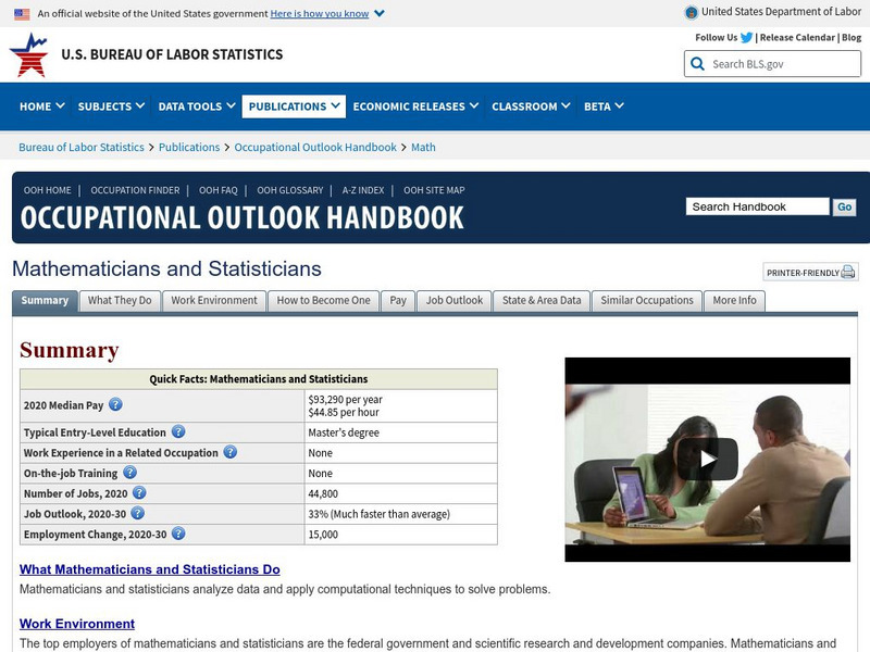 Bureau of Labor Statistics: Statisticians Handout Bureau of Labor Statistics: Statisticians Handout