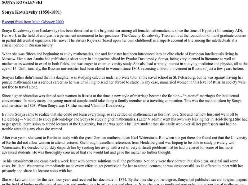 Sonoma State University: Sonya Kovalevsky (1850 1891) Unit Plan Sonoma State University: Sonya Kovalevsky (1850 1891) Unit Plan