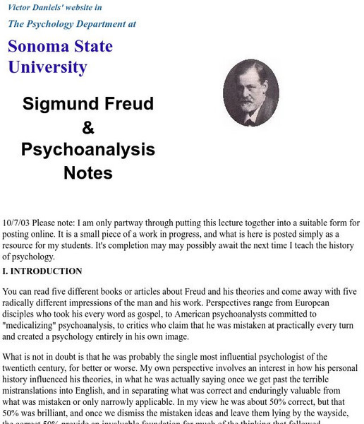 Sonoma State University: Sigmund Freud & Psychoanalysis Activity Sonoma State University: Sigmund Freud & Psychoanalysis Activity