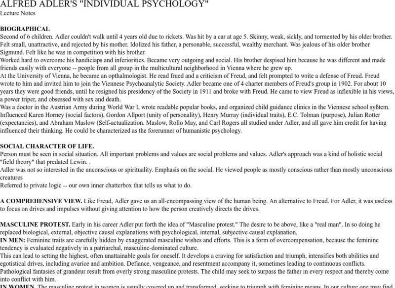 Sonoma State University: Alfred Adler's Individual Psychology Handout Sonoma State University: Alfred Adler's Individual Psychology Handout