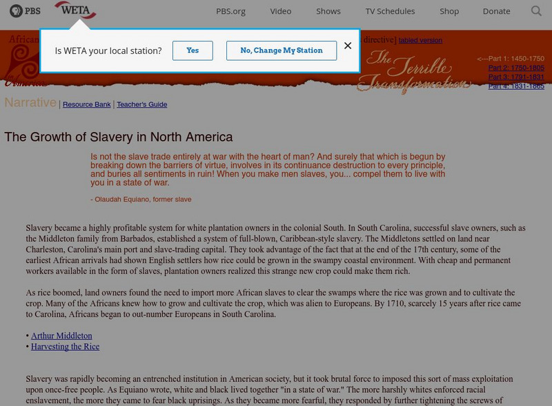 Pbs: Africans in America: Part 1: The Growth of Slavery in North America Handout Pbs: Africans in America: Part 1: The Growth of Slavery in North America Handout