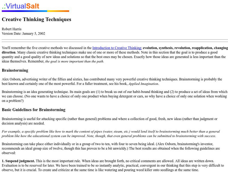 Virtual Salt: Creative Thinking Techniques Article Virtual Salt: Creative Thinking Techniques Article