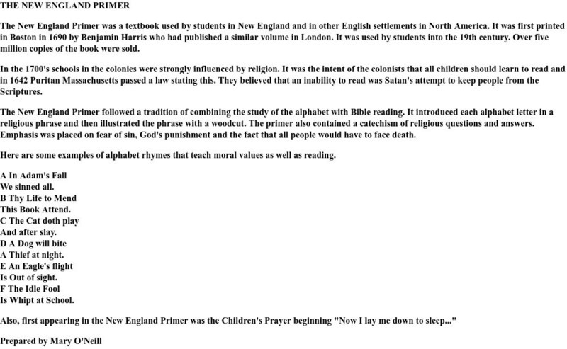 History of American Education: New England Primer Website