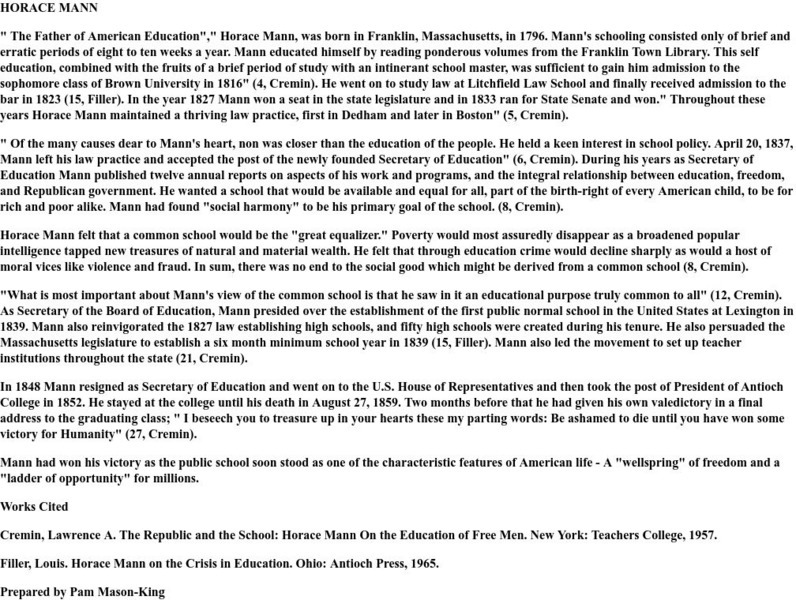 History of American Education: Horace Mann: "The Father of American Education" Handout History of American Education: Horace Mann: "The Father of American Education" Handout