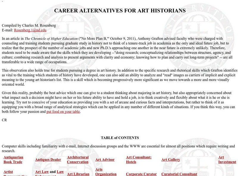 University of Notre Dame: Career Alternatives for Art Historians Handout