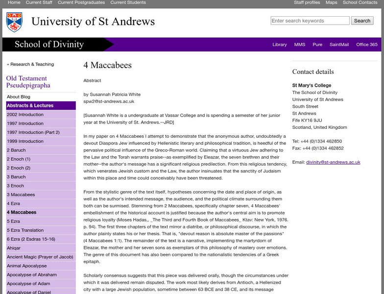 University of St. Andrews: School of Divinity: 4 Maccabees Primary University of St. Andrews: School of Divinity: 4 Maccabees Primary