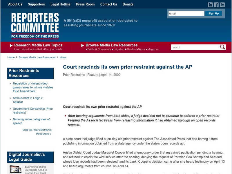 Rcfp: Court Rescinds Its Own Prior Restraint Against the Ap Article Rcfp: Court Rescinds Its Own Prior Restraint Against the Ap Article