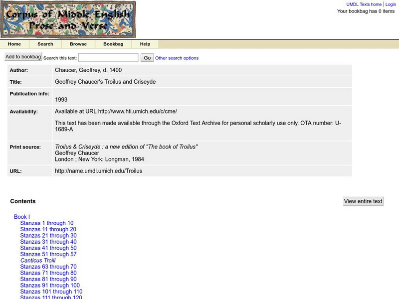 Corpus of M. E. Prose and Verse: Troilus and Criseyde eBook