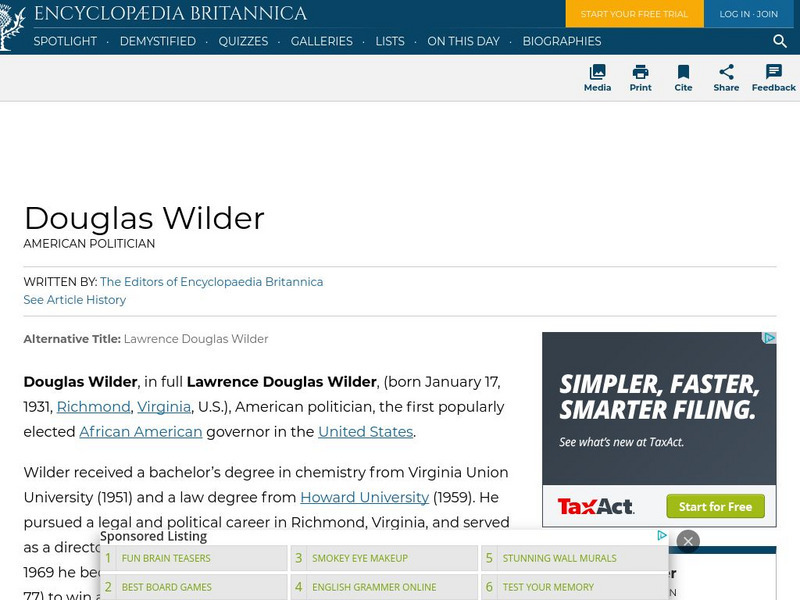 Encyclopedia Britannica: Lawrence Douglas Wilder Handout Encyclopedia Britannica: Lawrence Douglas Wilder Handout