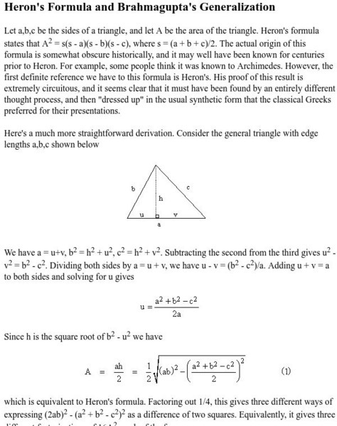 Math Pages: Heron's Formula and Brahmagupta's Generalization Unit Plan