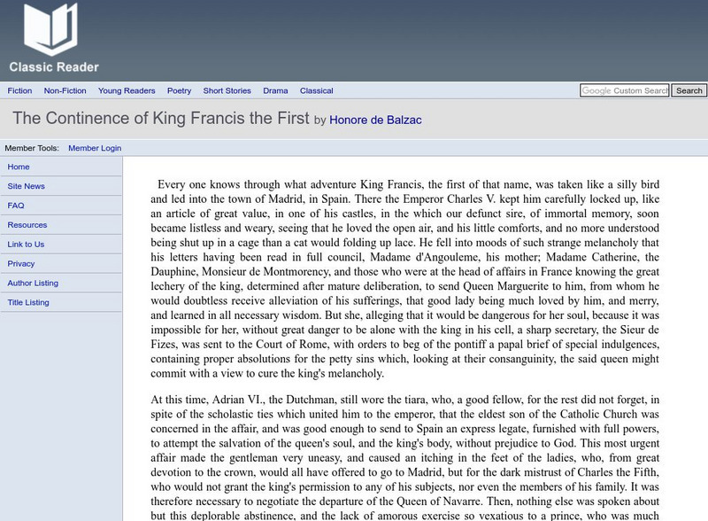Classic Reader: The Continence of King Francis the First by Honore De Balzac eBook Classic Reader: The Continence of King Francis the First by Honore De Balzac eBook