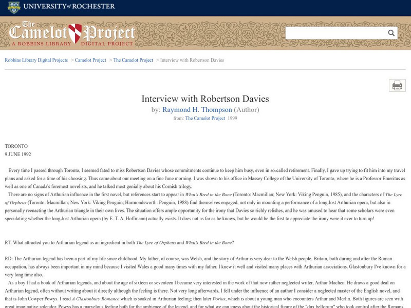 University of Rochester: Interview With Robertson Davies Primary