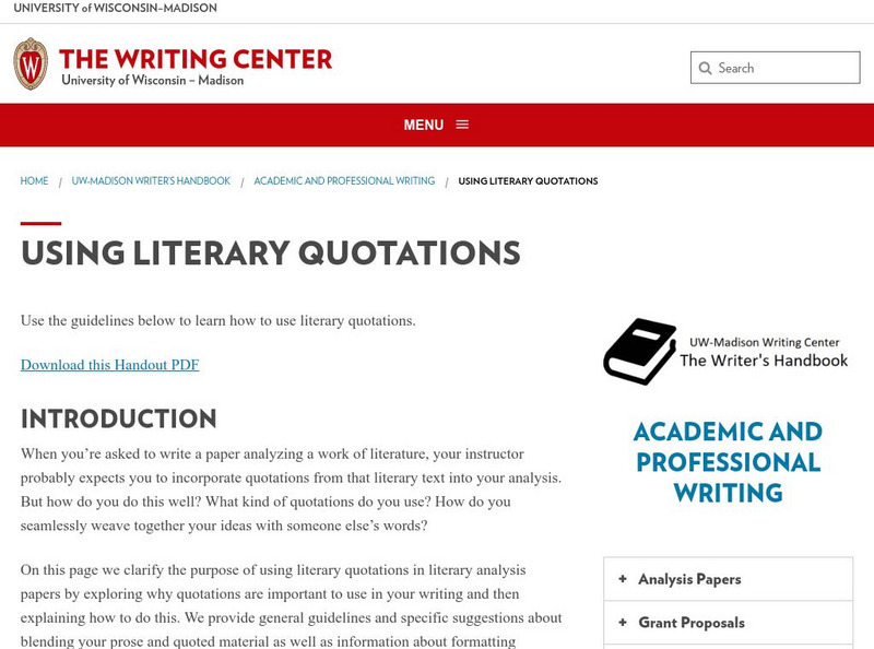 University of Wisconsin Madison: Writing Center: Using Literary Quotations Handout University of Wisconsin Madison: Writing Center: Using Literary Quotations Handout