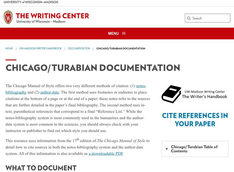 University of Wisconsin: Writing Center: Chicago/turabian Documentation Handout University of Wisconsin: Writing Center: Chicago/turabian Documentation Handout