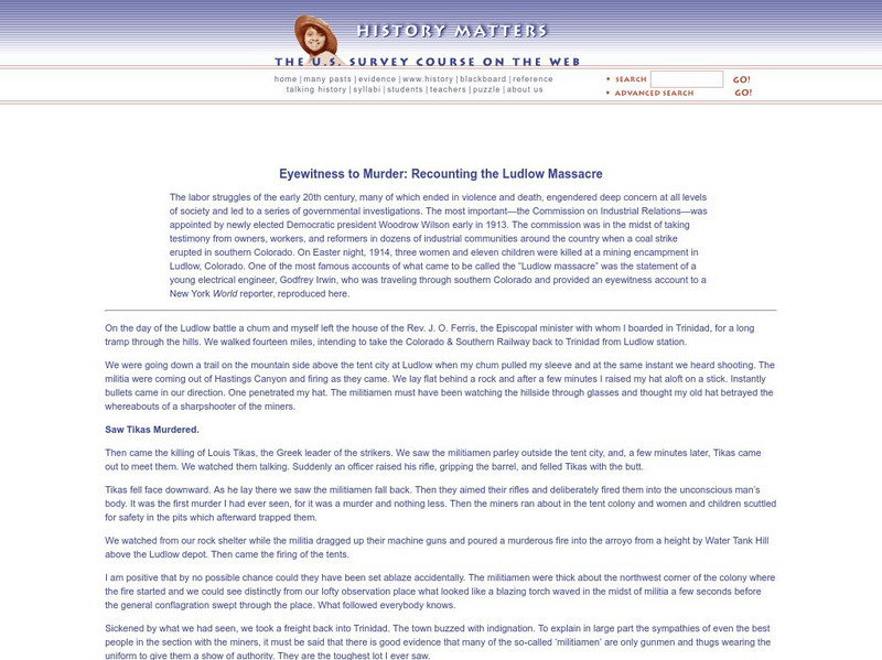 History Matters: Eyewitness to Murder: Recounting the Ludlow Massacre Primary