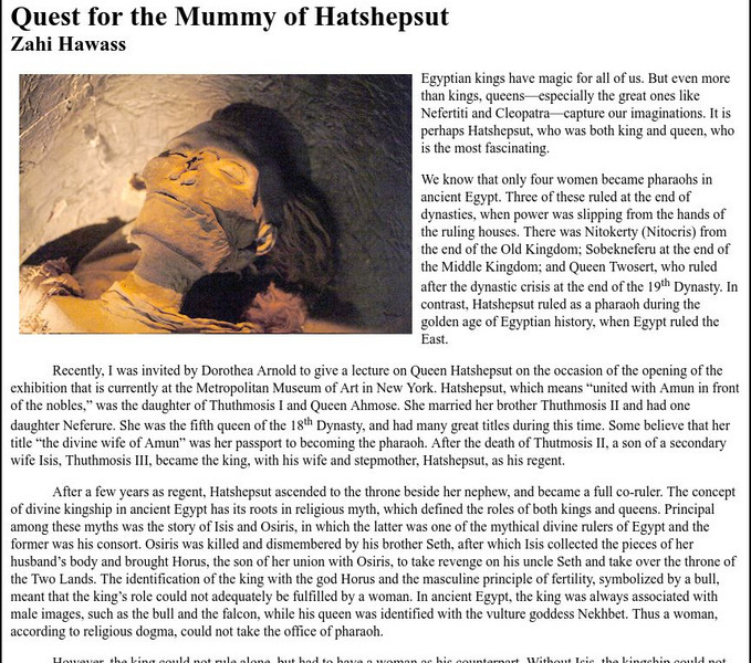 Dr. Zahi Hawass: Quest for the Mummy of Hatshepsut Article Dr. Zahi Hawass: Quest for the Mummy of Hatshepsut Article