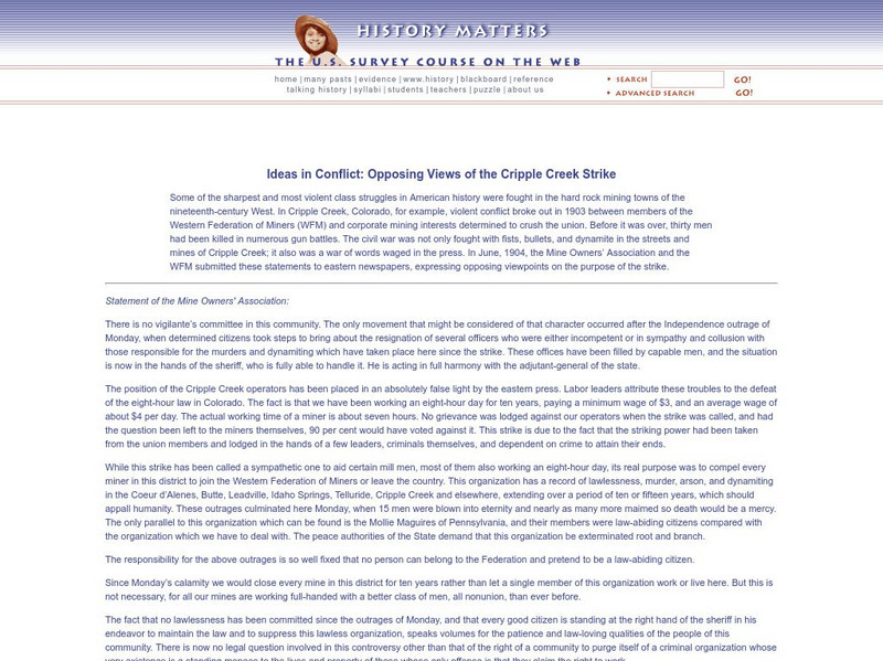History Matters: Ideas in Conflict: Opposing Views of the Cripple Creek Strike Article History Matters: Ideas in Conflict: Opposing Views of the Cripple Creek Strike Article