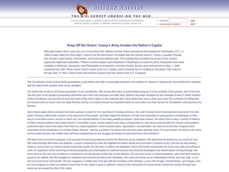 History Matters: Keep Off the Grass!: Coxey's Army Invades the Nation's Capital Primary History Matters: Keep Off the Grass!: Coxey's Army Invades the Nation's Capital Primary