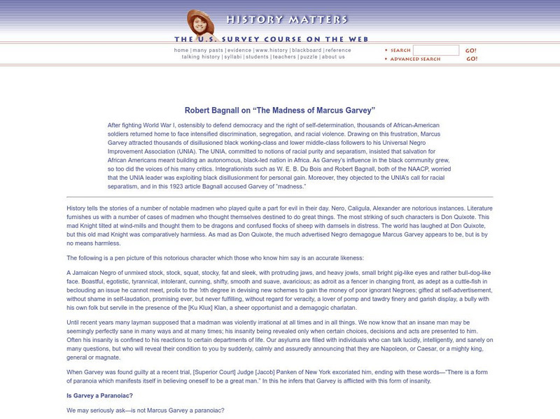 History Matters: Robert Bagnall on "The Madness of Marcus Garvey" Article History Matters: Robert Bagnall on "The Madness of Marcus Garvey" Article