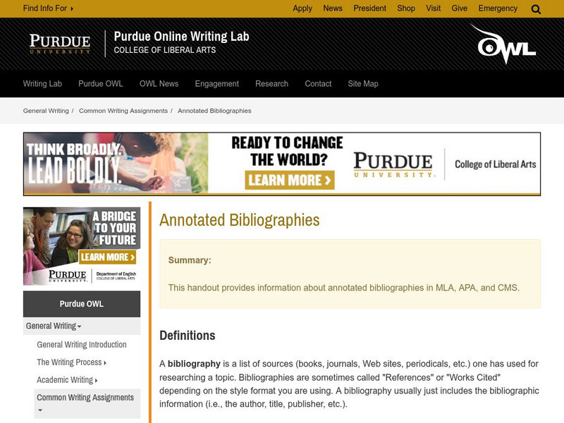 Purdue University Owl: Annotated Bibliographies Handout Purdue University Owl: Annotated Bibliographies Handout