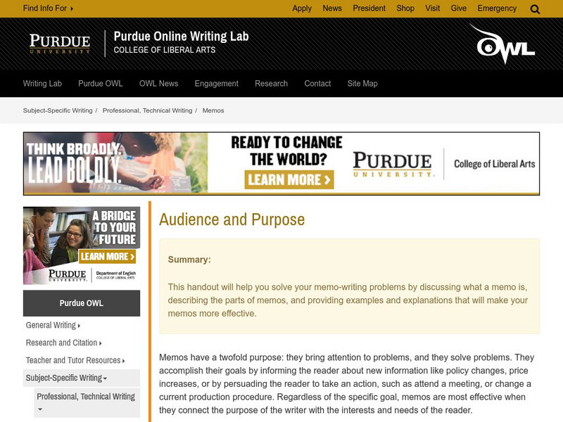 Purdue University Owl: Audience and Purpose Handout Purdue University Owl: Audience and Purpose Handout