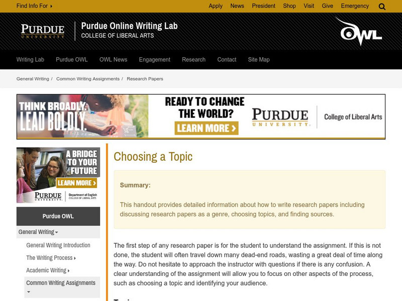 Purdue University Owl: Choosing a Topic Handout Purdue University Owl: Choosing a Topic Handout