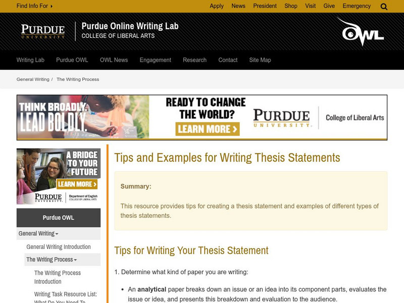 Purdue University Owl: Creating a Thesis Statement Activity
