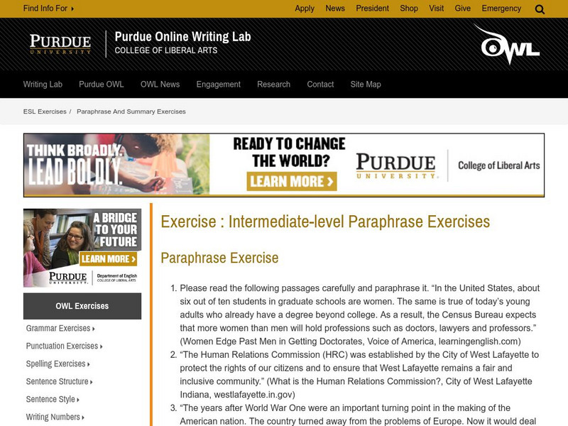 Purdue University Owl: Exercise : Intermediate Level Paraphrase Exercises Activity