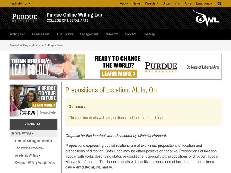 Purdue University Owl: Prepositions of Location: At, In, On Handout Purdue University Owl: Prepositions of Location: At, In, On Handout