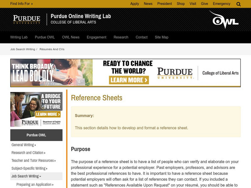 Purdue University Owl: Reference Sheets Handout Purdue University Owl: Reference Sheets Handout
