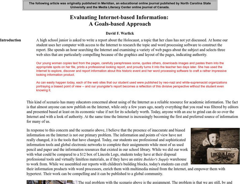Evaluating Internet Based Information: A Goals Based Approach Website