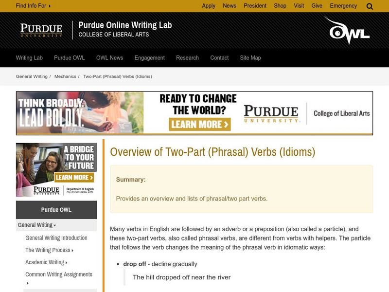 Purdue University Owl: Two Part (Phrasal) Verbs Website Purdue University Owl: Two Part (Phrasal) Verbs Website