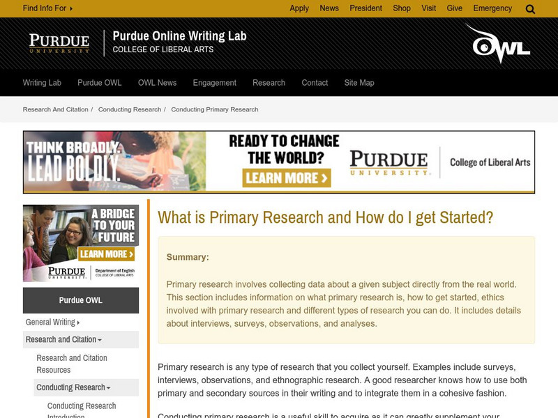 Purdue University Owl: What Is Primary Research and How Do I Get Started? Article Purdue University Owl: What Is Primary Research and How Do I Get Started? Article