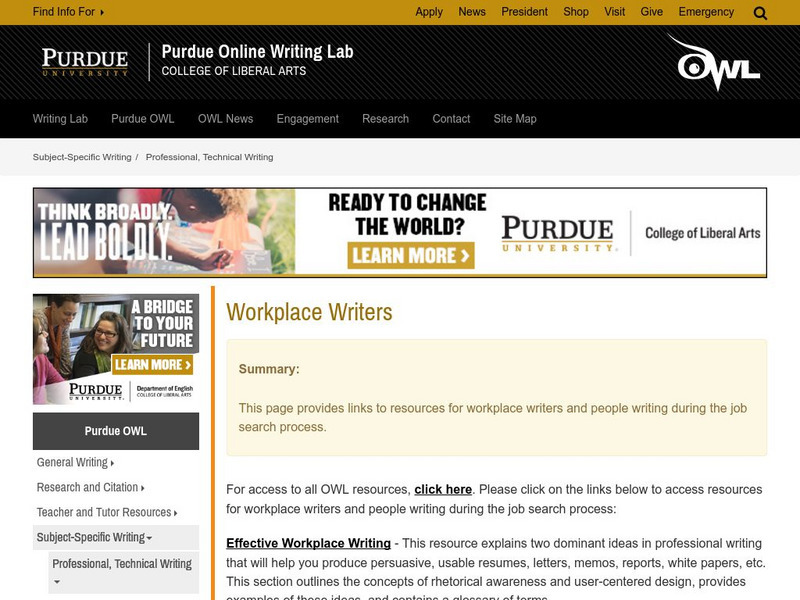 Purdue University Owl: Workplace Writers Handout Purdue University Owl: Workplace Writers Handout