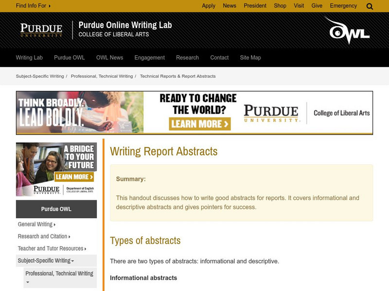 Purdue University Owl: Writing Report Abstracts Handout Purdue University Owl: Writing Report Abstracts Handout