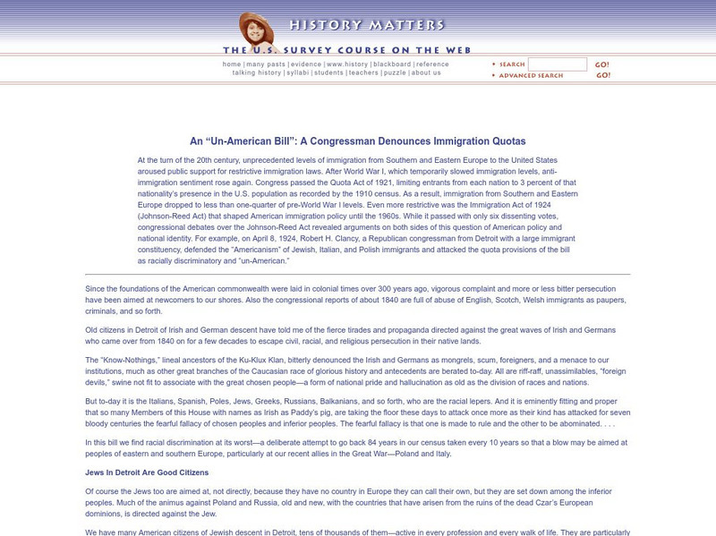 History Matters: An Un American Bill: A Congressman Denounces Immigration Quotas Primary History Matters: An Un American Bill: A Congressman Denounces Immigration Quotas Primary
