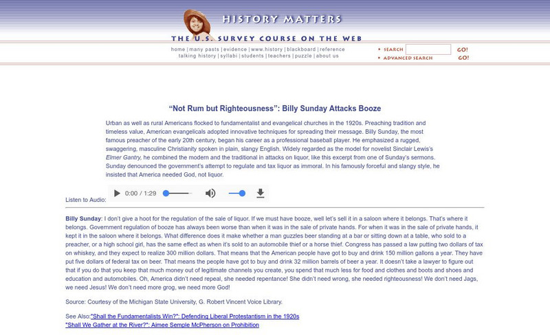History Matters: Not Rum but Righteousness: Billy Sunday Attacks Booze Audio History Matters: Not Rum but Righteousness: Billy Sunday Attacks Booze Audio