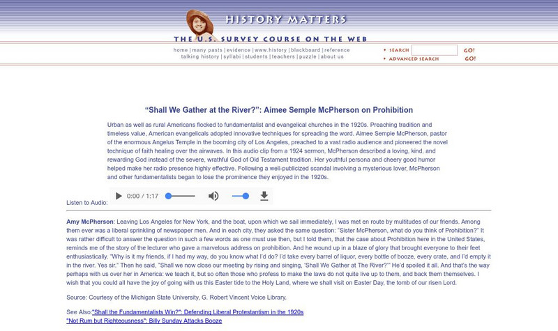 History Matters: Aimee Semple Mc Pherson on Prohibition Audio History Matters: Aimee Semple Mc Pherson on Prohibition Audio