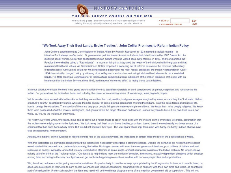 History Matters: John Collier Promises to Reform Indian Policy Primary History Matters: John Collier Promises to Reform Indian Policy Primary